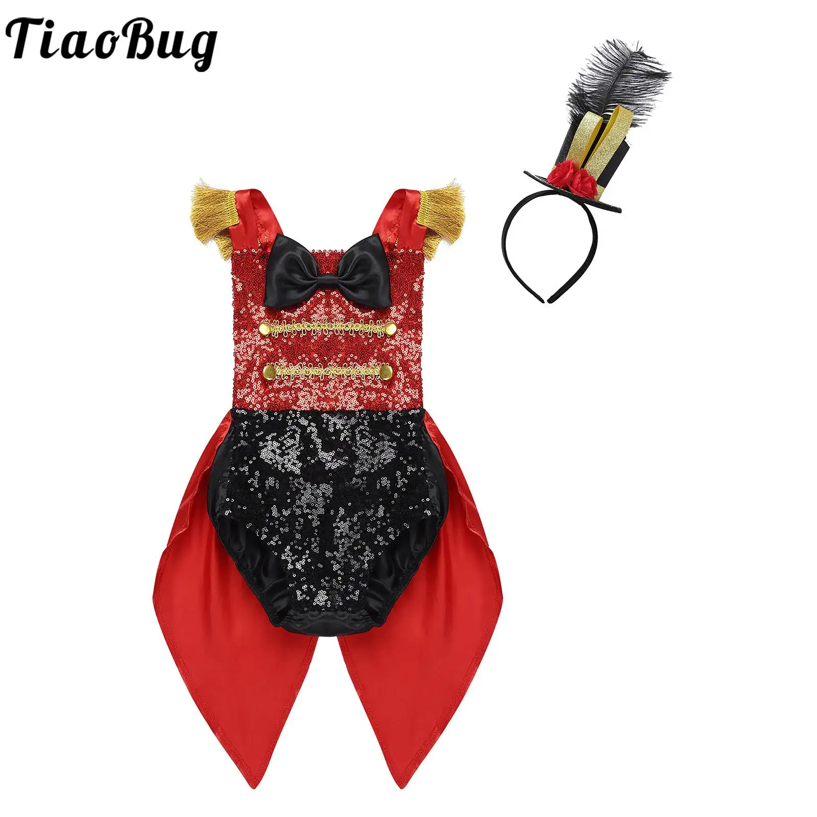

Baby Girls Showman Circus Ringmaster Costume Halloween Cosplay Bodysuit Sleeveless Sequined Bowknot Romper with Feather Top Hat