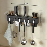 Stainless Steel Shelf Wall Mounted Knife Rack Kitchen Nail-Free Organiser Knife Rack with Hooks Cabinet Organiser Single Kitchen 1