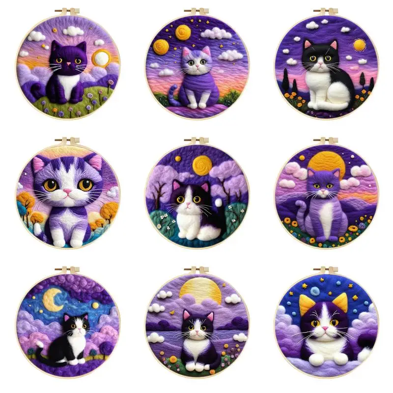 Purple Cat Design DIY Needle Felting Painting Kit with Frame Wool Needle Felt Set for Home Decoration Creative Craft needle felting kit wool felting kit needle felting painting kit