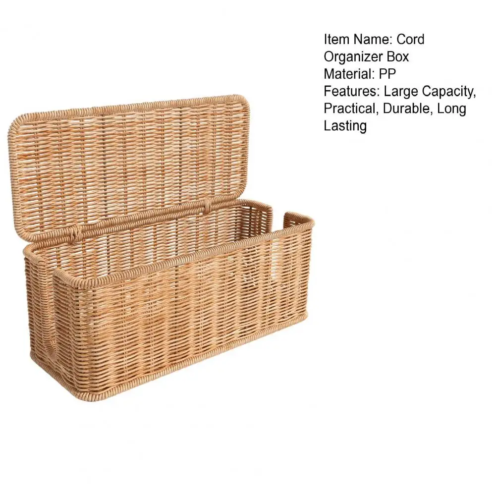 31.5*13cm Cord Organizer Box Rattan Cable Management Box Handwoven Cord Organizer Basket With 2 Slots Power Cords Hidden Box