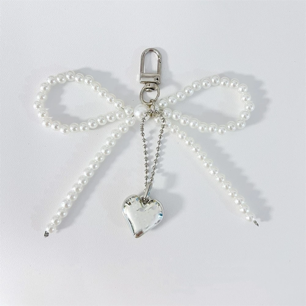 Bowknot Heart Bag Pendant Keychain Beaded Keyring White Pearl Bow Keychain Decoration For Bags Phones Car Korean Accessories