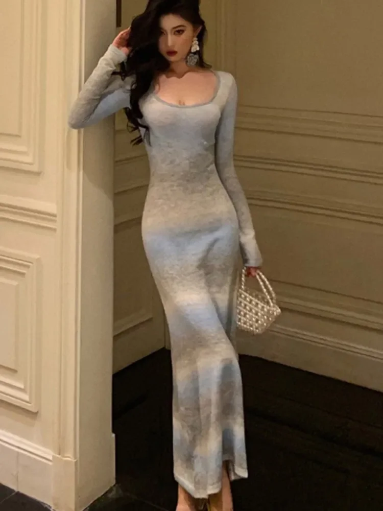 

Elegant Gradient Knitted Dress Women Square Collar Long Sleeve Slim Autumn Spring Casual Soft Knitwear Midi Vestidos Mujer New