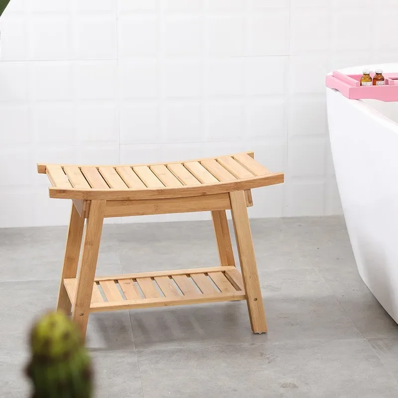 Bamboo Bathroom Stool Stable Shoe Bench Heavy-Duty Shower Organizer Multi-Purpose Bath Bench for Home Use