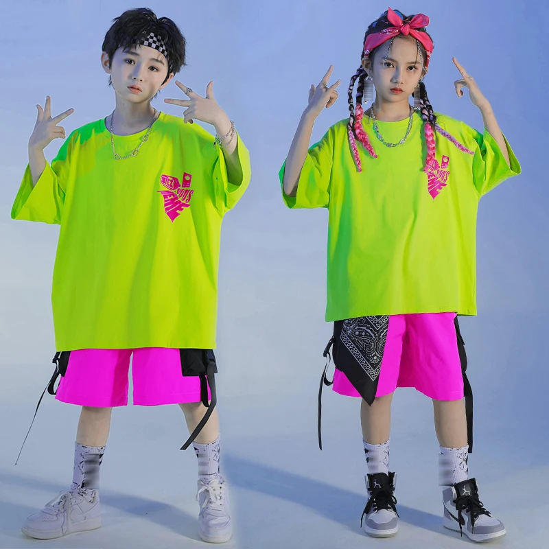 Kid Hip Hop Dance Clothes Boys Green T-Shirt Loose Summer Jogger Street Dancewear Girls Jazz Practice Performance Costume BL8662