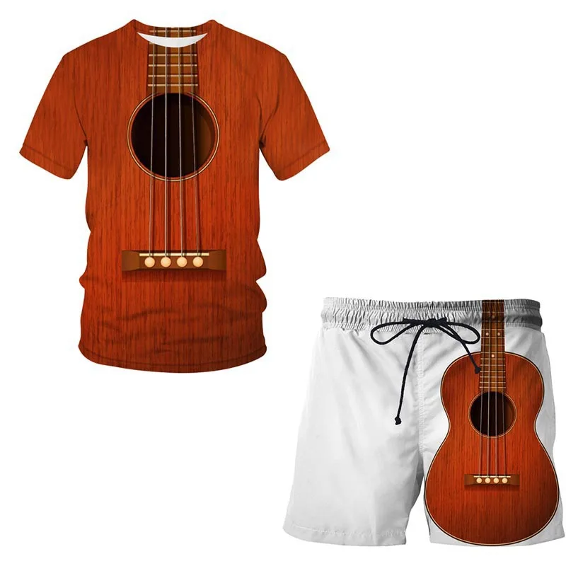 thumbnail image 1 of Conjunto de pantalones cortos de manga corta con estampado 3D y patrón de guitarra musical personalizado Conjunto holgado de 2 piezas para hombre, 1 of 5
