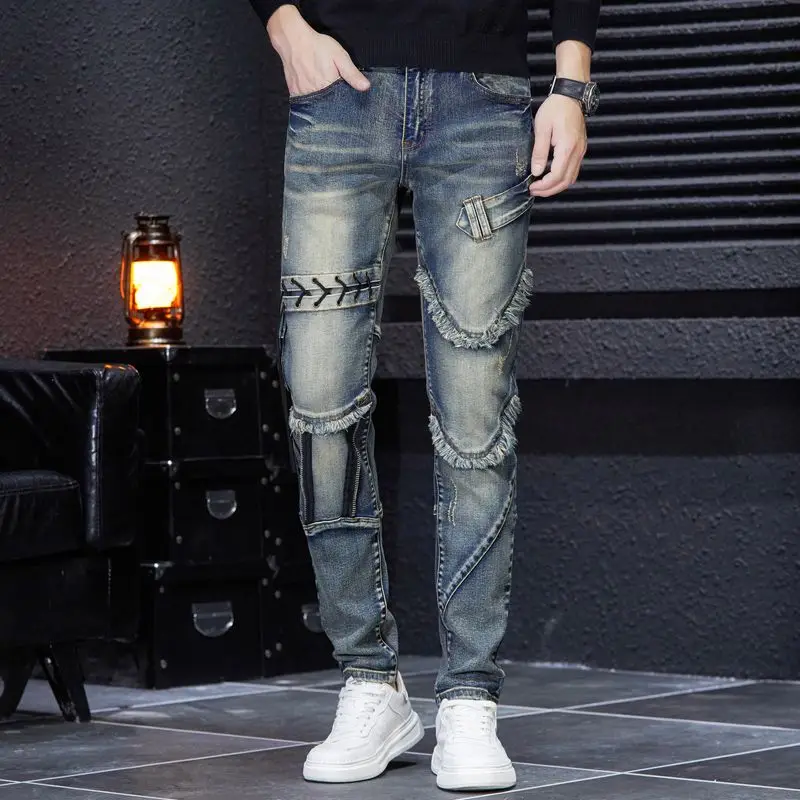 2023 Fashion Brand Embroidery Zipper Ragged Edge Panel Men's Jeans Retro Wearing Rope Korean Version Retro demin jeans