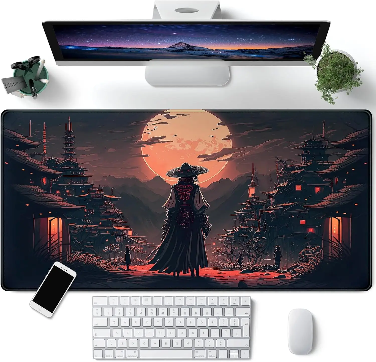 

Japanese Landscape Moonlight Samurai Mouse Pad Large Dark Aesthetic Desk Pad Gaming Mousepad Extended XXL 31.5 x 11.8 inch