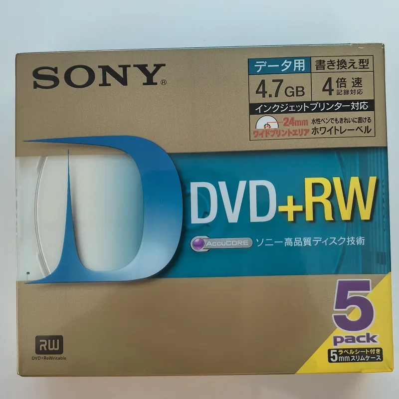 5PACK, printable cover, copy burn disc Sony DVD+RW data version 1.2/4X, 4.7GB, high quality long-term storage