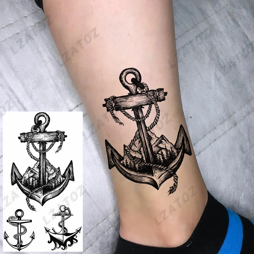 Tatuagens temporárias de âncora escura, montanhas, para homens, mulheres,  adultos, flor, pena, cruz, cobra, tatuagem falsa, pé, transferência de água  - AliExpress 66, image size:960x960