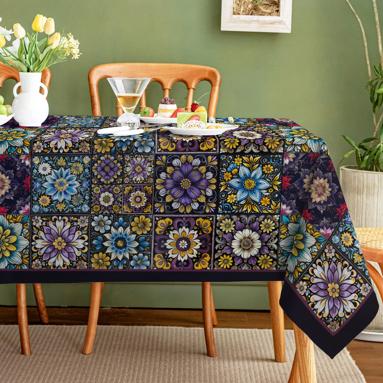 Rectangular Polyester Tablecloth Bohemian Mandala Flower Stain Resistant Waterproof Birthday Party Decoration Home Decor