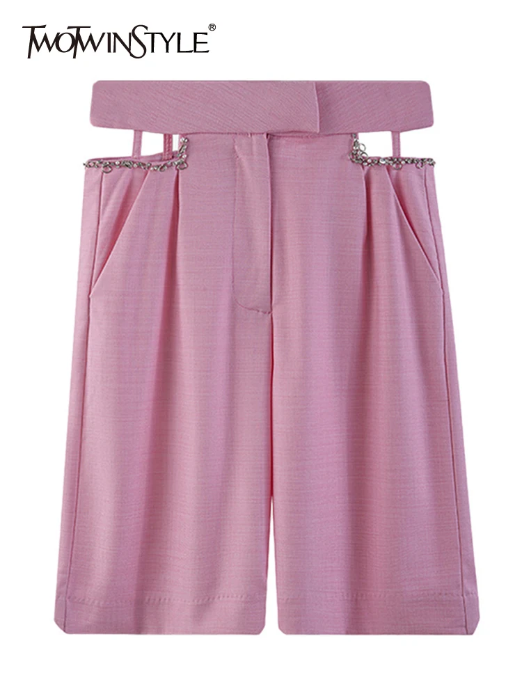 

TWOTWINSTYLE Pink Trousers For Women High Waist Patchwork Pocket Straight Zippwe Pants Female Summer Fashion Clothing 2022 New