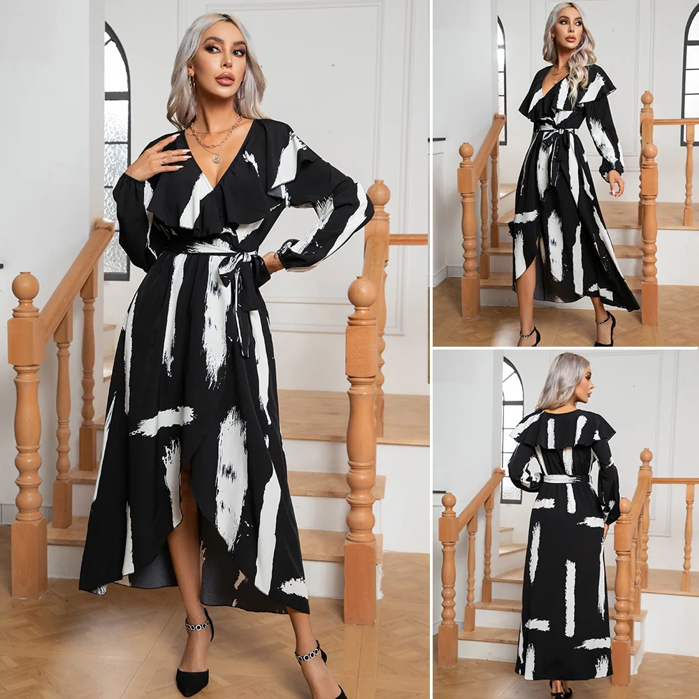 

2023 Autumn New Women's Fashion Temperament Casual Commuter Print Ruffle Collar Long Sleeve Wrapped Split Swing Long Dress