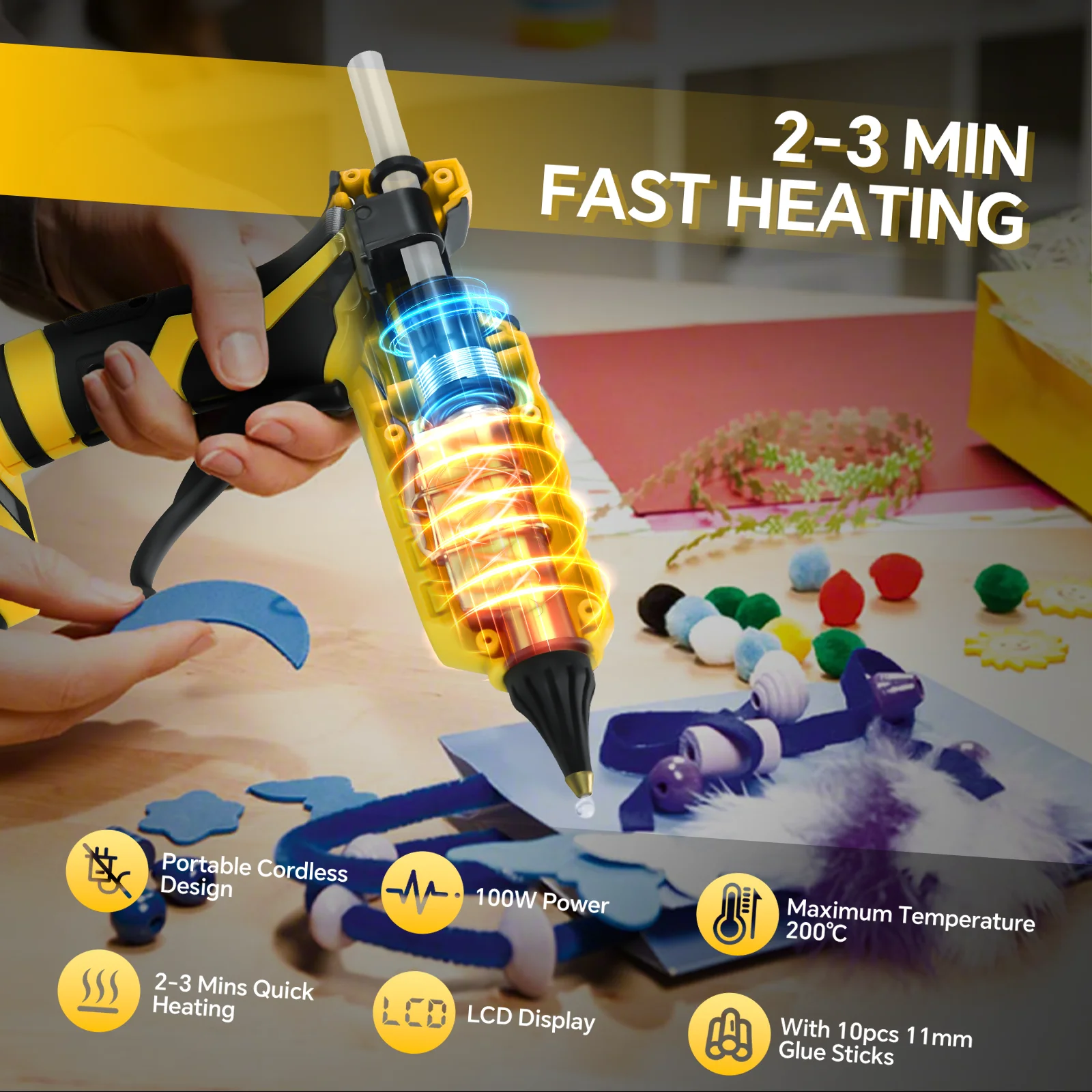 100W Cordless Hot Glue Gun Temp Adjust LCD Digital Display with 10Pcs 11mm Glue