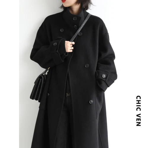 ladies long puffer coat CHIC VEN Double-breasted Women Woolen Coat Solid Stand Collar Handmade Double-sided Wool Overcoat Women's Long Tunic Warm Winter ladies parka coats Coats & Jackets