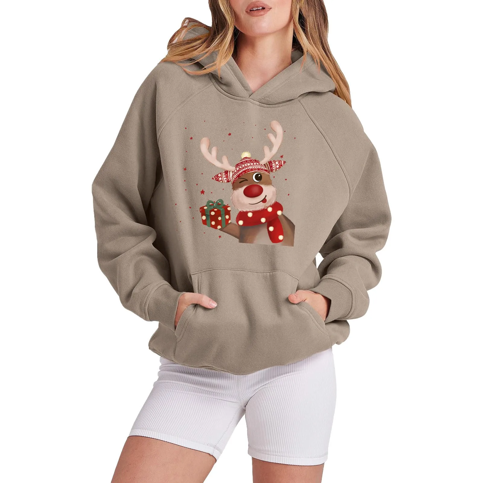 

Женский Рождественский пуловер с длинным рукавом, рубашка с капюшоном с оленями, толстовки, Женский свитшот, женские толстовки
