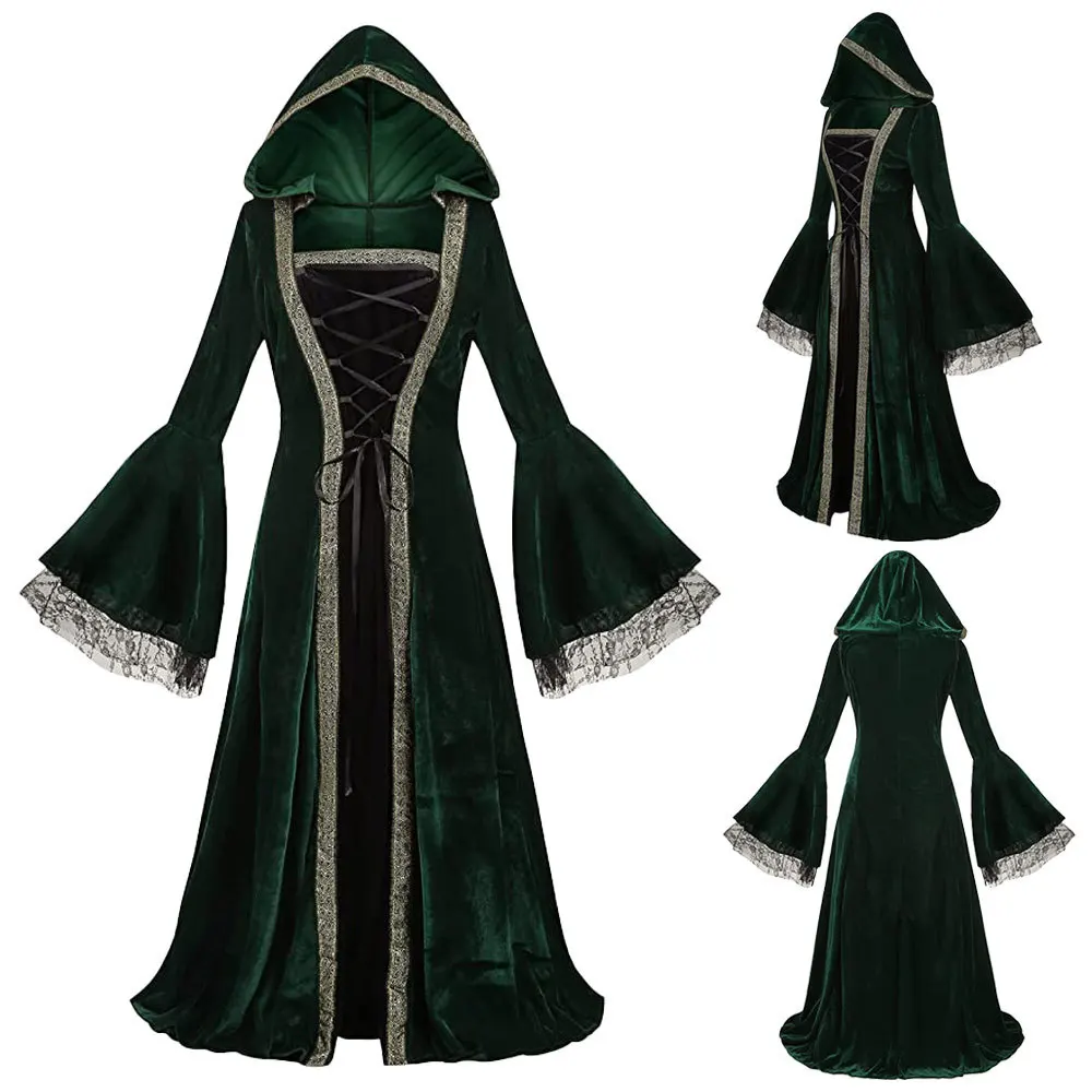 

Medieval Victorian Dress for Women Vintage Witch Halloween Renaissance Costumes Velvet Vampire Hooded Gothic Cosplay Gown