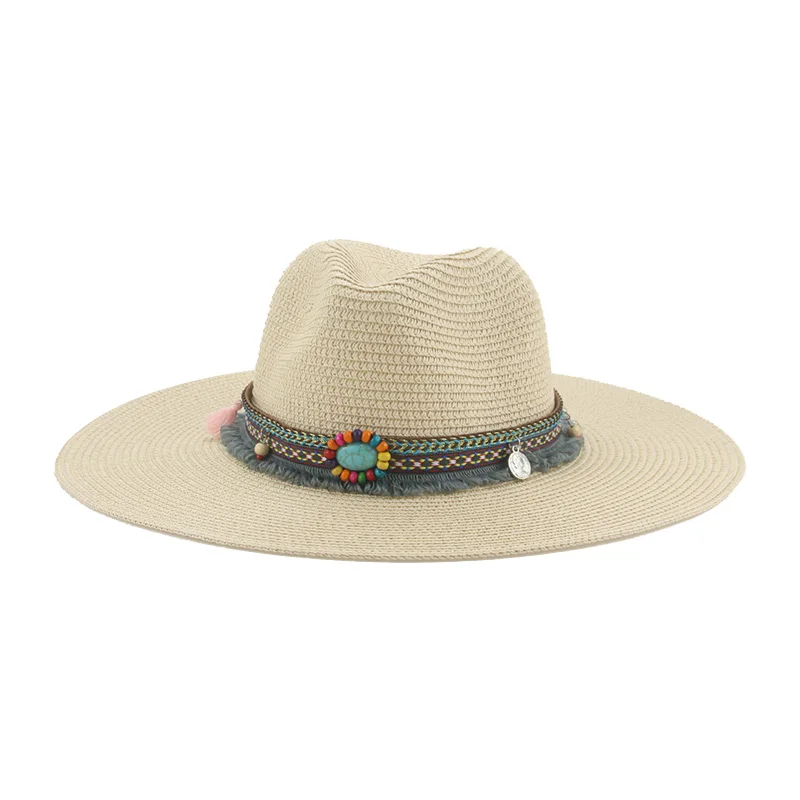 

Women Hats Straw Sun Protection Chain Band Big Brim 11cm Summer Hats Solid Khaki Black White Men Caps Panama Summer Women Hats