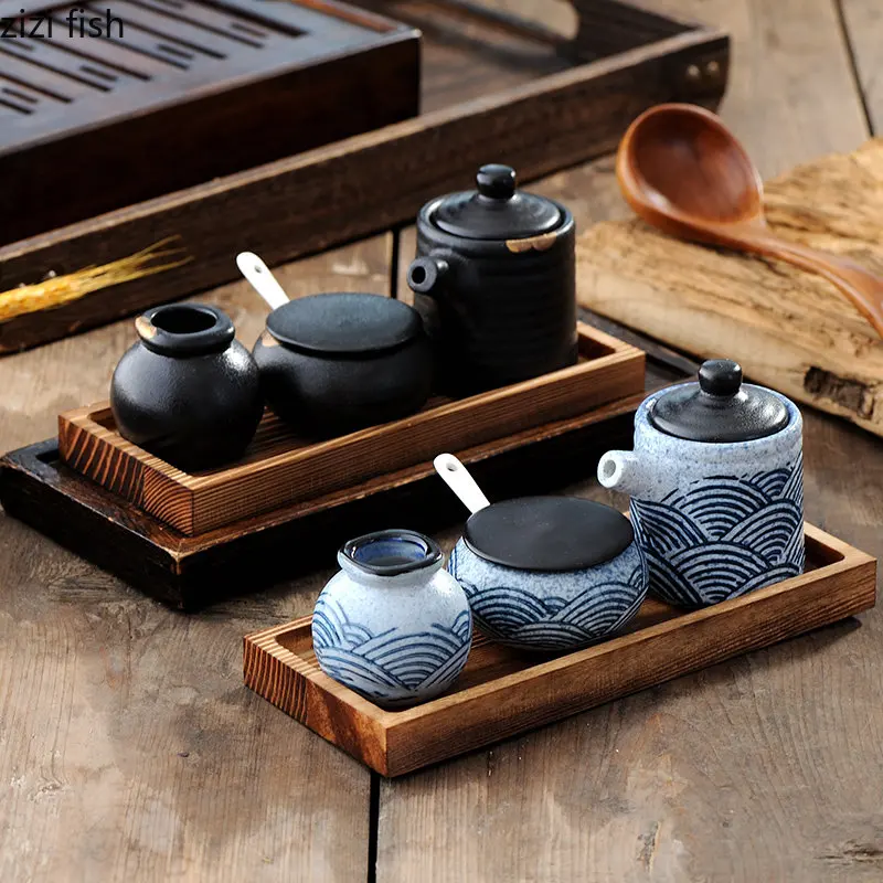 Ceramic Spice Jar Salt and Pepper Shakers Wooden Tray Seasoning Box Home Kitchen Tools Spice Organizer Jars Kitchen Accessories