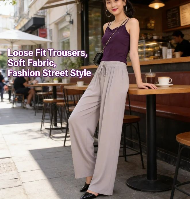Women’s ice silk wide leg high waist summer floor length casual pants 01