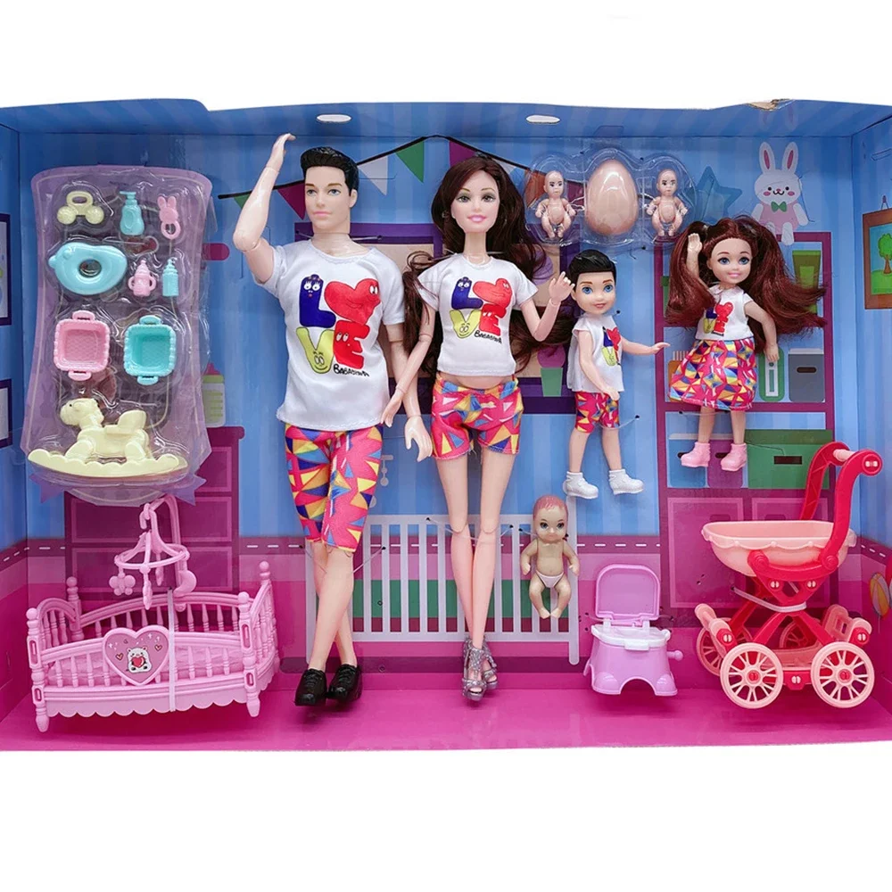 5Pcs/Lot Family Couple Dolls Pregnant Mom Doll Stroller Bed Accessories Baby Boy Ken Playset Kids Pretand Play Toys Girls Gifts doll accessories,doll accessories toys,mini dolls toys
