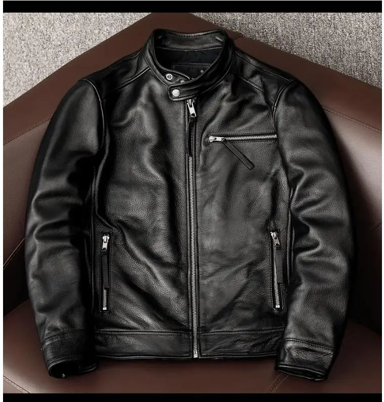 Men Leather Jacket-Classic Motor Rider Genuine Leather Jacket Slim Fit Cowhide Coat Mens Fashion Real Leather Jacket Asian Size