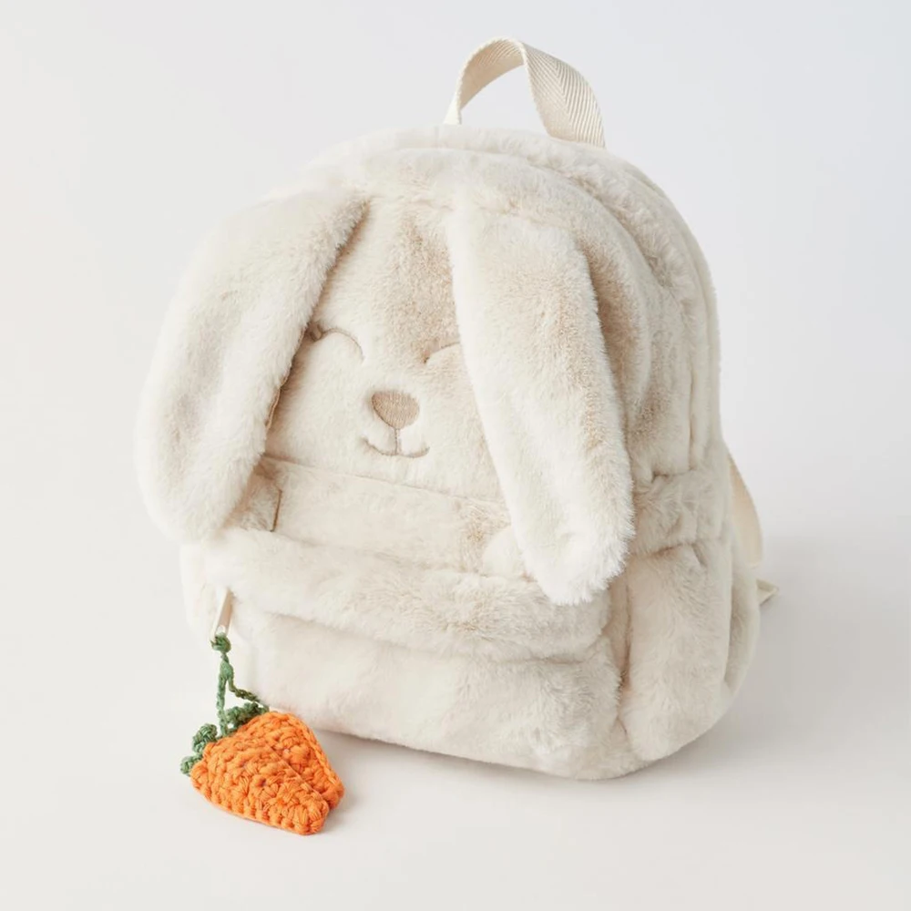Personalized Custom Beige Plush Cute Carrot Hanging Ear Rabbit Women's Backpack, Embroidered Children's Cute Gift Bag With Name
