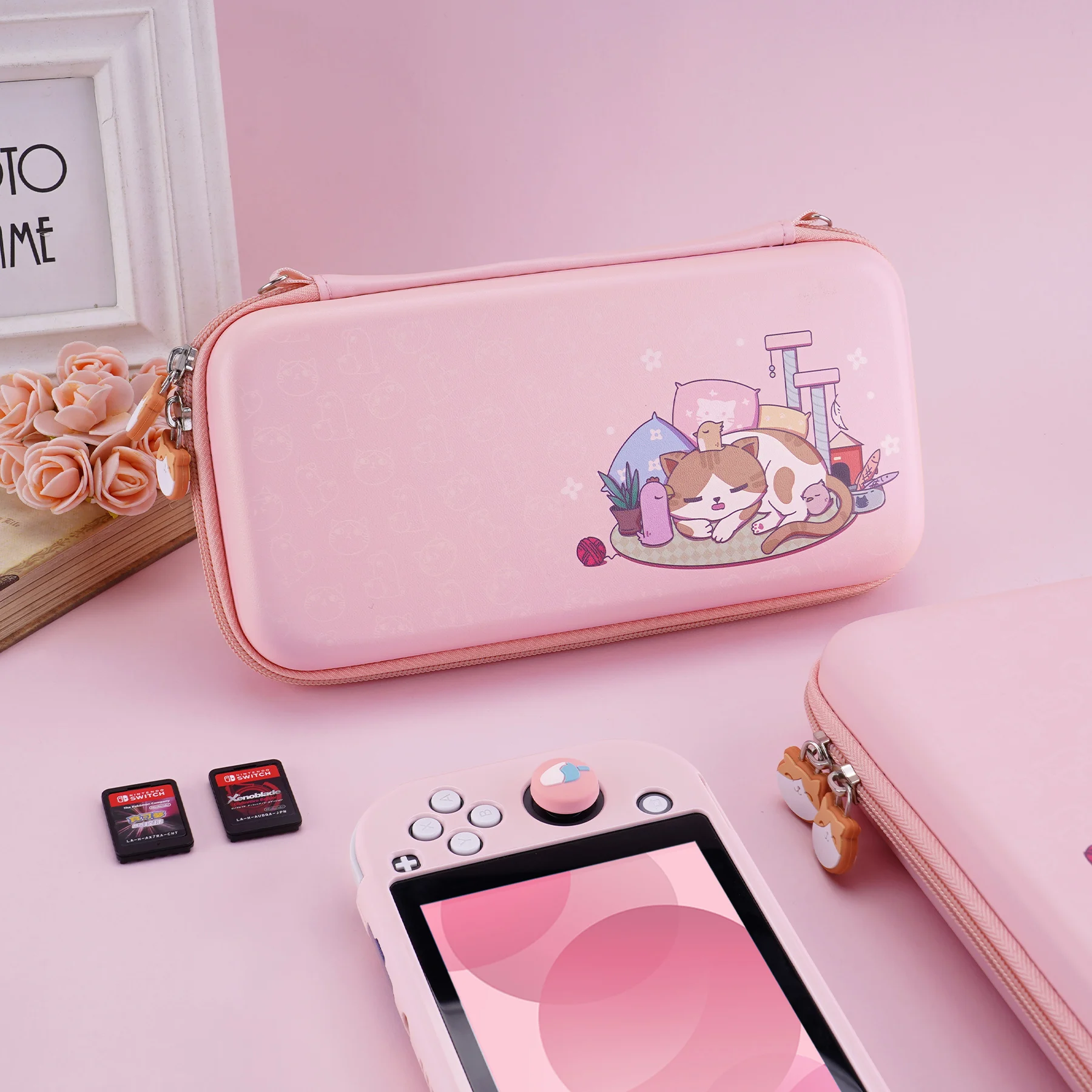 Playvital Rosa Bonito Estojo de Transporte para Nintendo Switch Lite Menina Case de Armazenamento Polegar Aperto Tampas para Interruptor Lite