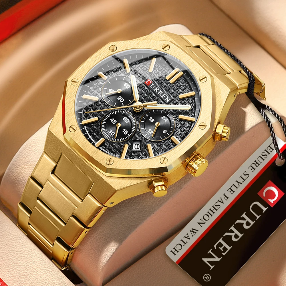

CURREN Watches for Mans Fashion Sports Waterproof Chronograph Octagonal Design Quartz luminous Wristwatches with Auto Date