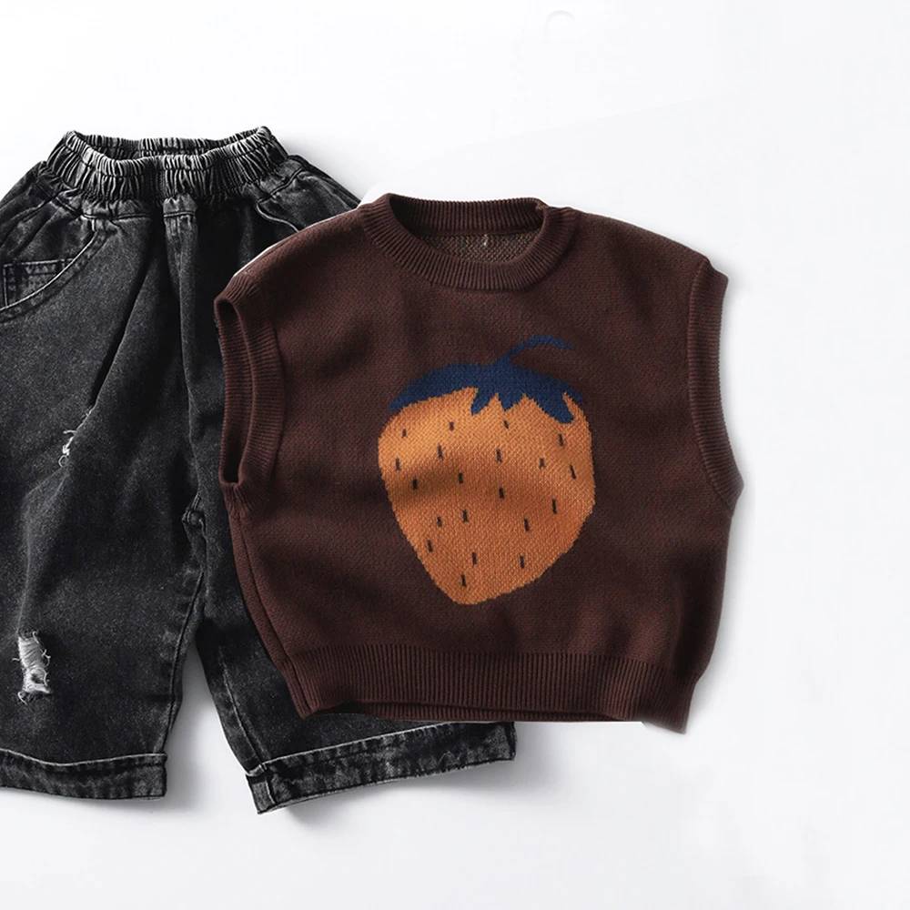 2025 Autumn Winter Kids Vest 100% Cotton Strawberry Embroidered Unisex Toddler Knit Sleeveless Tops Sweaters 1-7Y