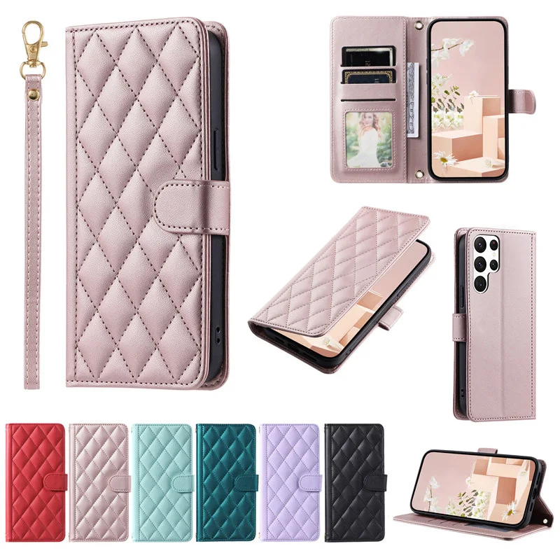 Luxury Flip Case For Samsung Galaxy S25 S24 FE/S24 Ultra/S24 Plus/S24+/S24 Checkered Leather Wallet Card Slot Holder Magnetic Cover_voghion.com