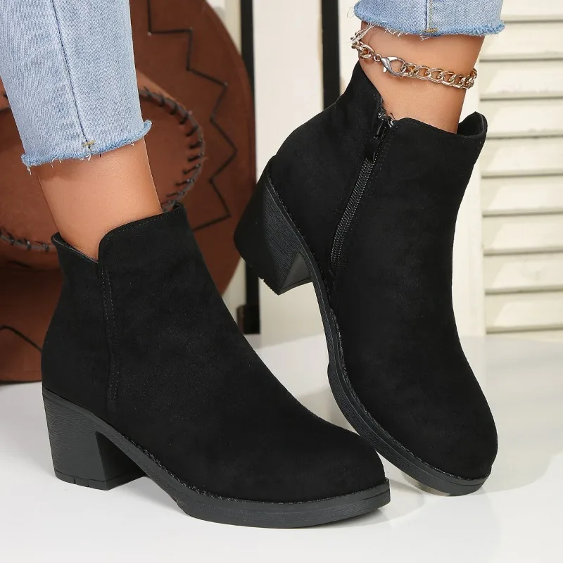 

2023 New Winter Thick Heel Ankle Boots Autumn and Winter Ankle Boots Women's Shoes New Full Set High Heel Women's Velvet Boots