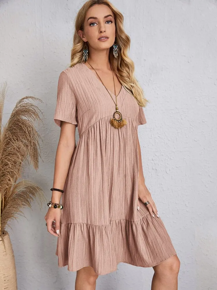 Elegant V Neck Ruffle Mini Dress - Womens Casual Summer Sundress