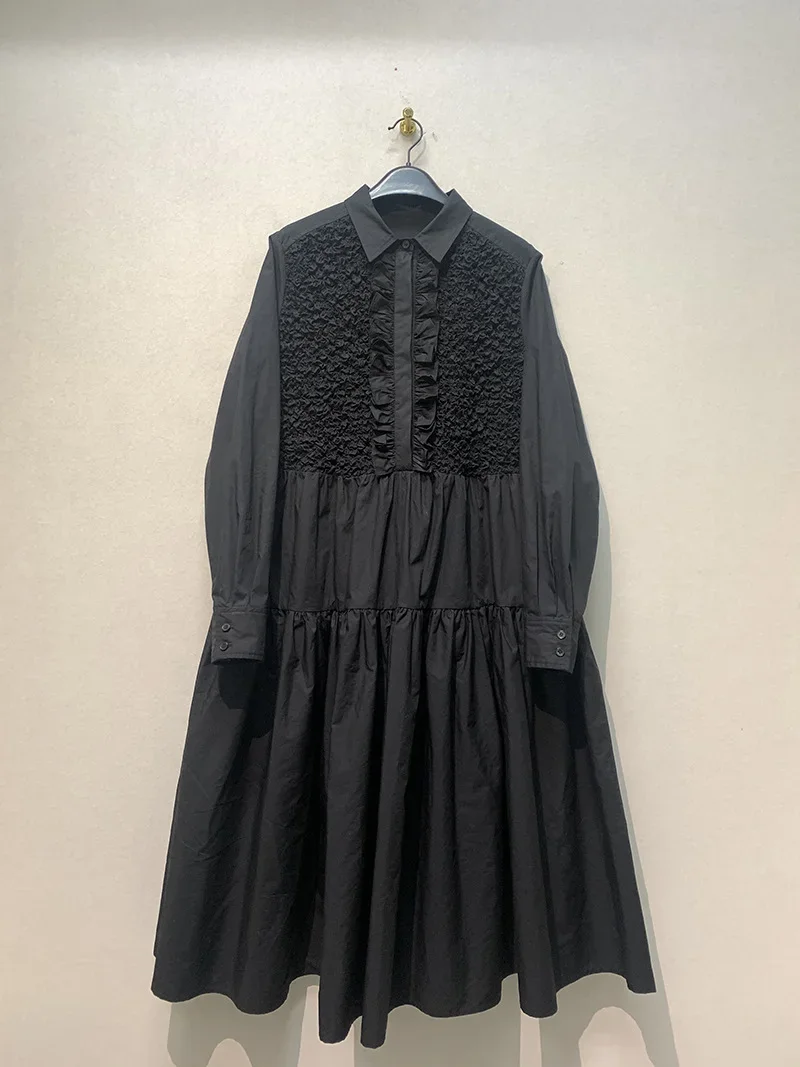 

Однотонные платья WAKUTA с длинным рукавом, японские платья для женщин, элегантное Плиссированное шикарное платье на пуговицах с отложным воротником