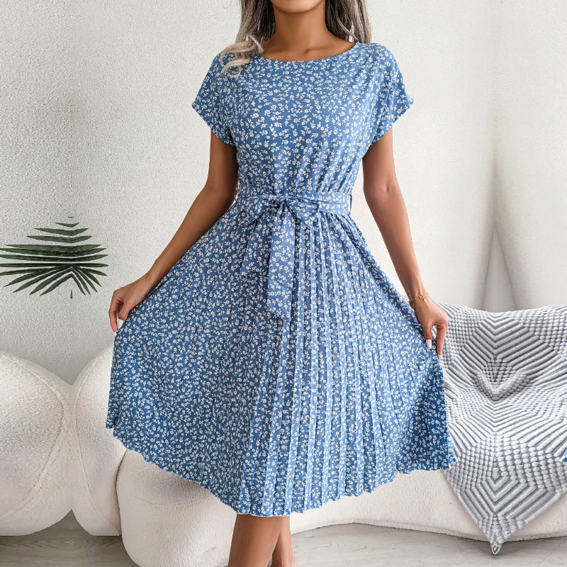 Gaun Berlipat Floral Wanita Gaun Midi Perban Ruched Lengan Pendek Leher-o Kasual Musim Panas Gaun Boho Chic A Line Pantai Wanita 2