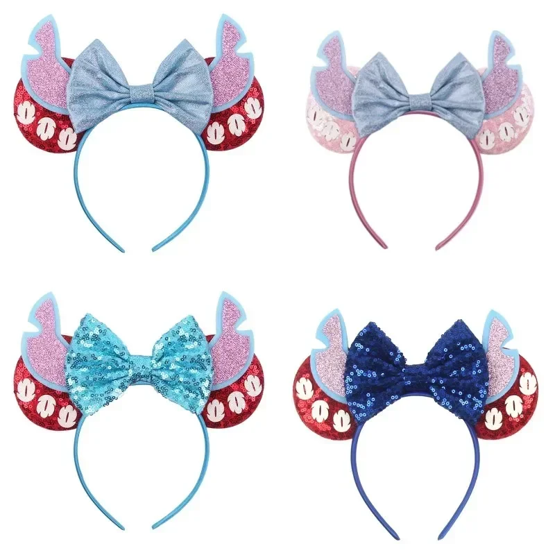 Disney Lilo & Stitch Hairdbands Women Cute Angel Ears Headbands Girls Flower Sequins Bow Hair Band Kids Leaves Hair Accessories