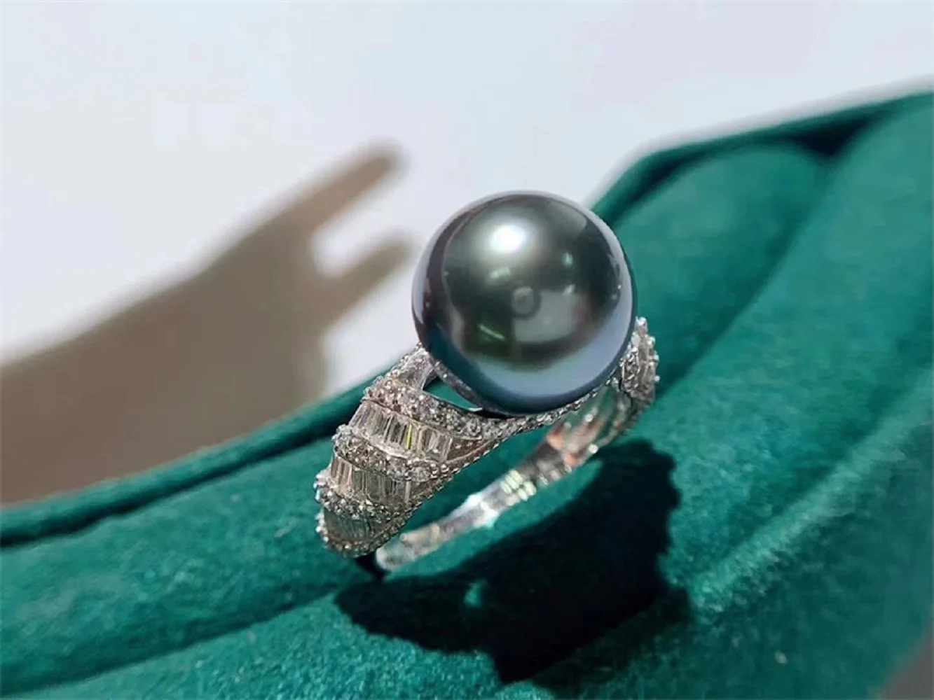 Anillo de perla negra grande AAAA, anillo redondo Natural del Mar