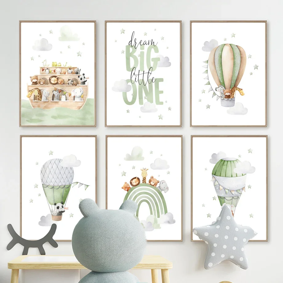 

Воздушный шар, животные, радуга, слон, жираф, медведь, плакаты на стену, искусство на холсте, настенные картины для детской комнаты, домашний декор