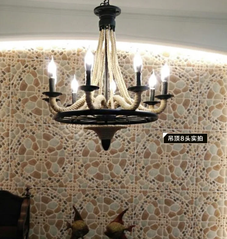 Vintage Hemp Rope Chandelier Lighting Fixture Living Room Hanging Lamps Retro American Industrial Light Home Decoration Room