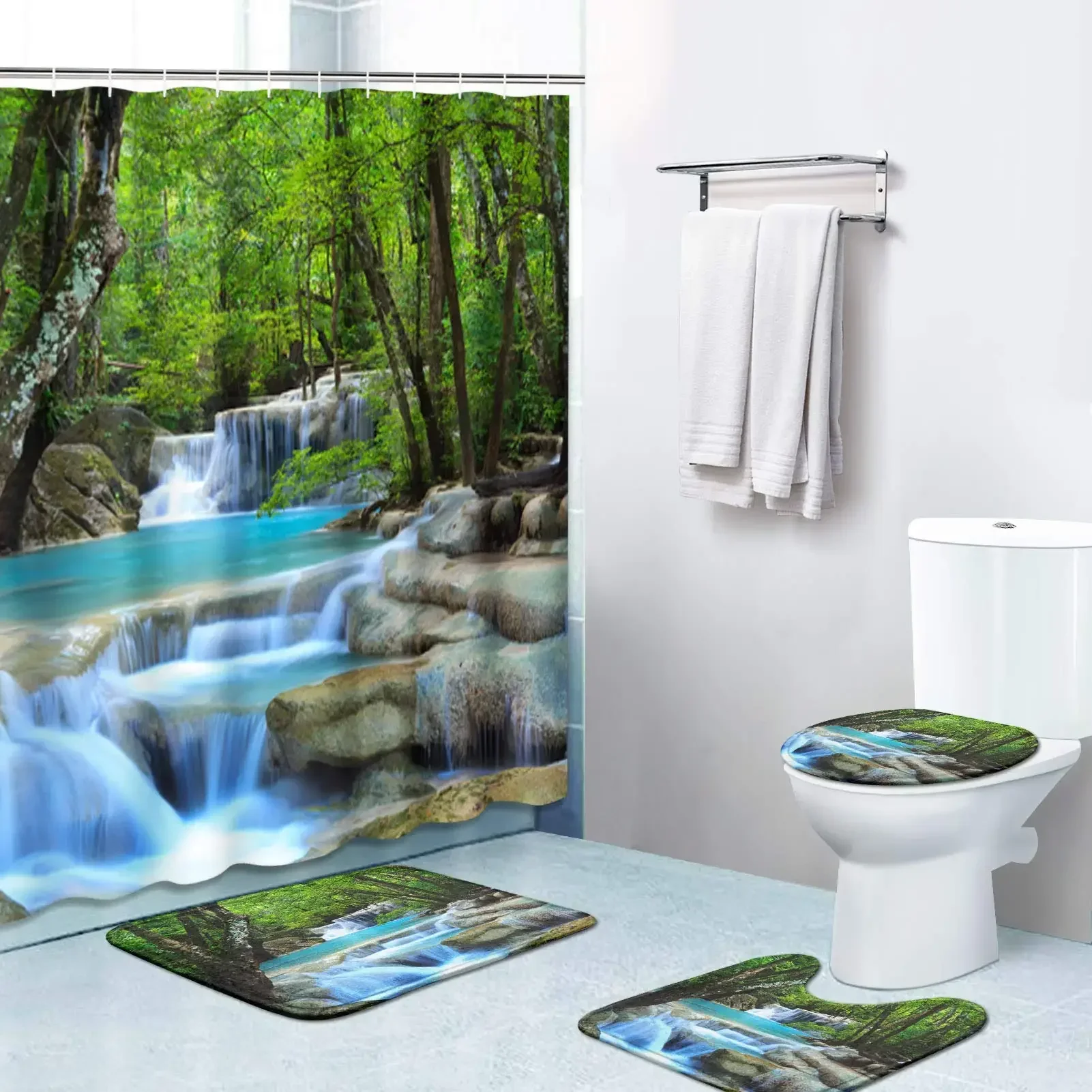 Duschvorhang-Set, natürliche Landschaft, Wald, Wasserfall, wasserdicht, Badezimmer mit Teppichen, WC-Abdeckung, Badematte, Haken