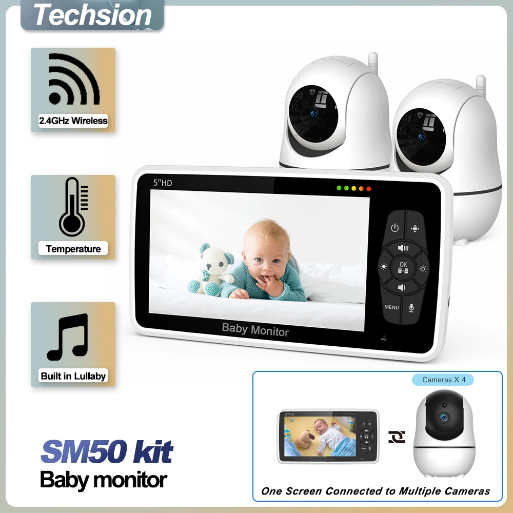 5 Inch Video Baby Monitor Two Camera PTZ 4X Zoom Auto Night Vision 2-Way Audio Temperature Sensor Lullaby SM50 Kit video baby monitor