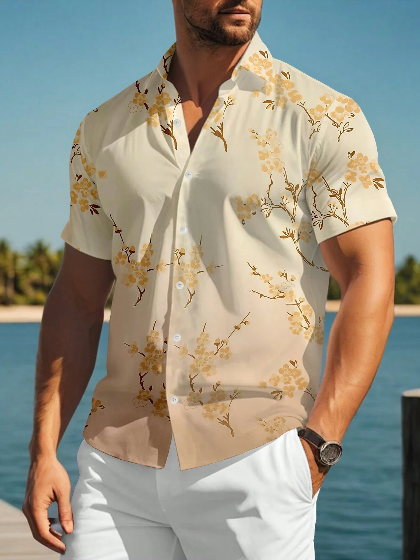 thumbnail image 1 of Camisas hawaianas para hombre, camisa de manga corta con botones y estampado floral con corte floral irregular para uso informal y vacaciones en verano, 1 of 4