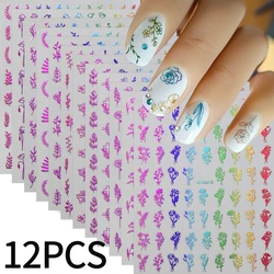 Exquisite 3D Gold Floral Leaf Nail Art Stickers - Metallic Self - Adhesive Decals for DIY Retro Manicure Decor (12 Pieces) (Colorful)
