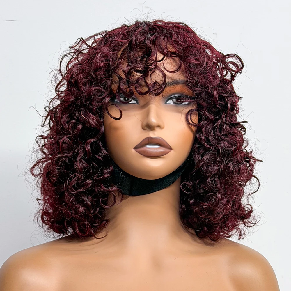 Water Wave Human Hair Wig with Bang 230% Density Double Drawn Glusless Wig Full Machine Made Short Bob Wig For Black Women