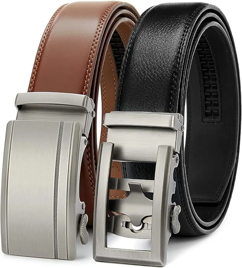 

PlusZis Black with Automatic Buckle Brown Automatic Buckle Two Pack Men's Leather Ratchet Fashion Business Dress Belt
