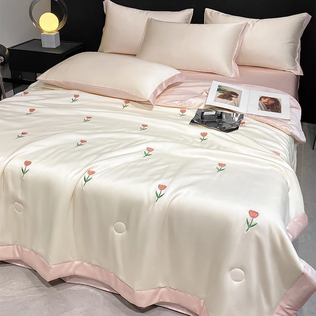 High-end Embroidered Spring Summer Quilt 4 Pcs Set or 3 Pcs Set or 1 Pcs Luxury Skin- Friendly Summer Blanket Lightweight Duvet 4