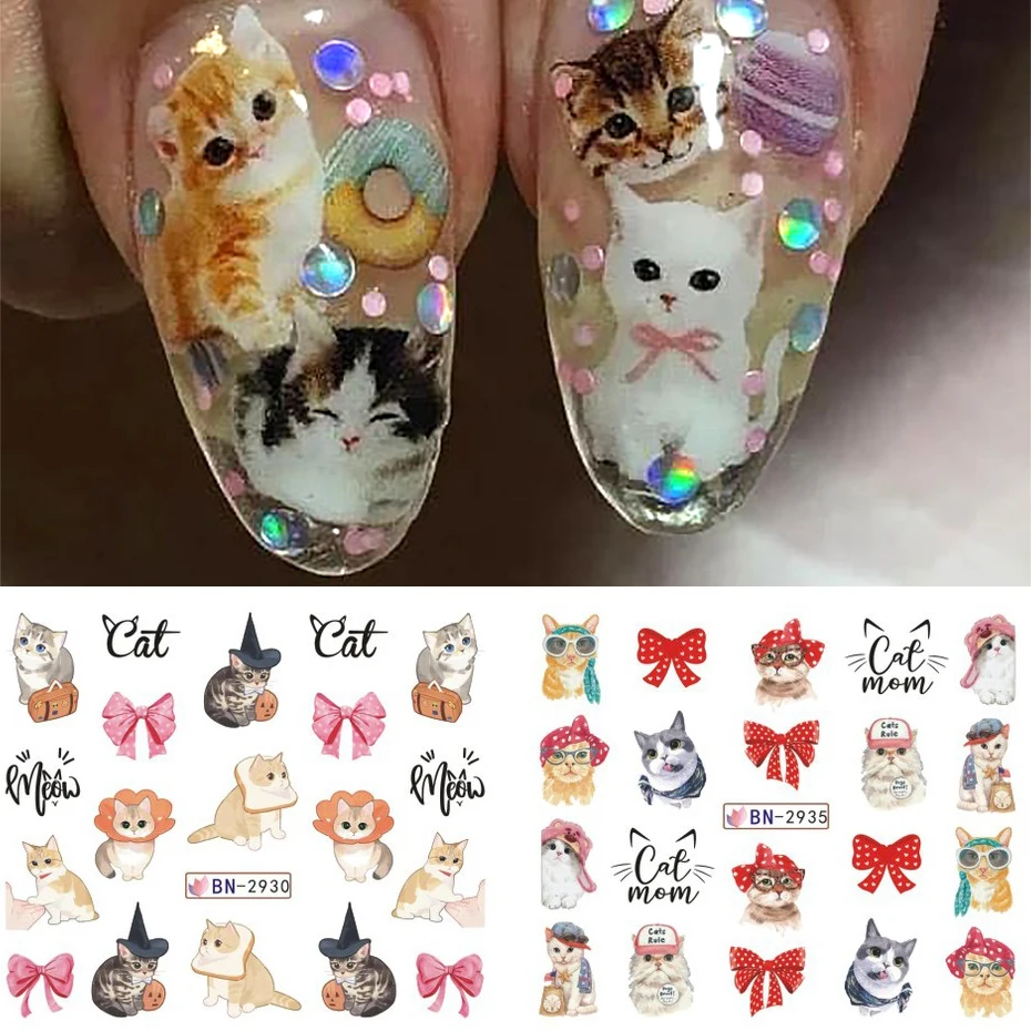 12pcs Cute Cat Nail Water Sticker Kawaii Anime Watercolor Design Foil for Nail Decals Cartoon Watermark Transfer Manicure Slider 3