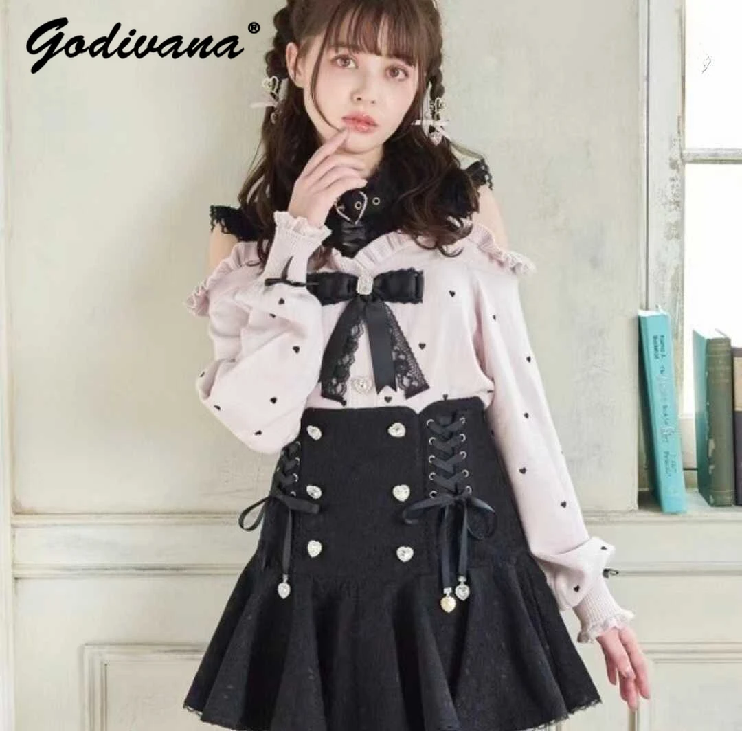 

Japanese Mine Style Sweet Girls Double-breasted Lace High Waist Ribbon Skirt Spring Summer Women's Liz Slim Ruffled Short Skirts