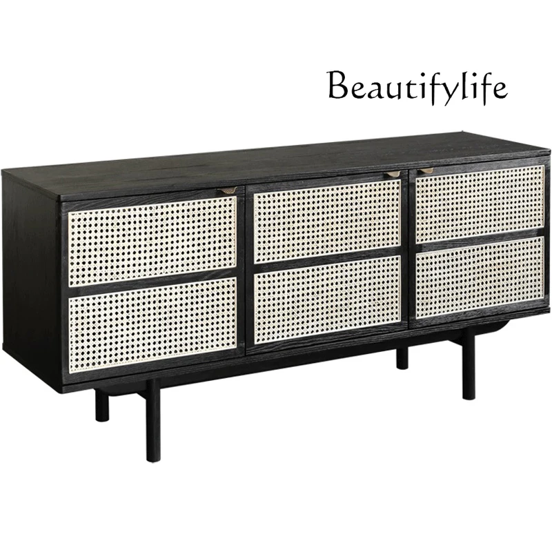 

Nordic Handmade Rattan Three-Door Black Solid Wood Sideboard Storage Shoe Cabinet
