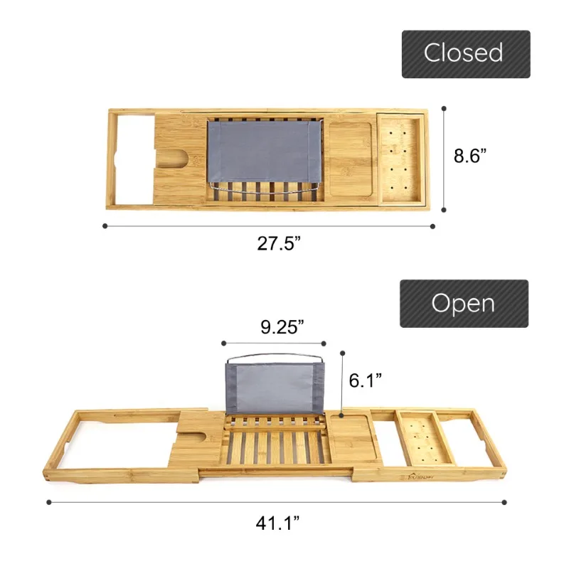 Extendable Sides Bathtub Tray Bamboo Bathtub Rack Retractable Non-slip Bath Shelf with Phone Rack Wine Glass Holder