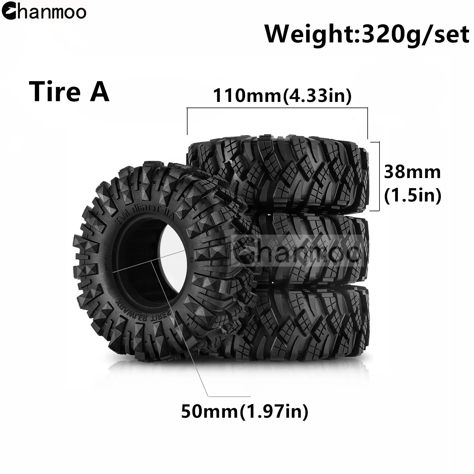Chanmoo 1/10 RC 자동차용 크롤러 타이어, 락 휠 머드 타이어, 축 Traxxas SCX10 II III TRX4 RC4WD D90 YK4102 Gen8 Redcat, 1.9in